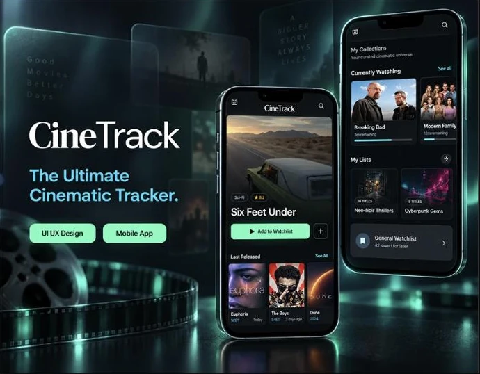 CineTrack kapak görseli, uygulama ekranları